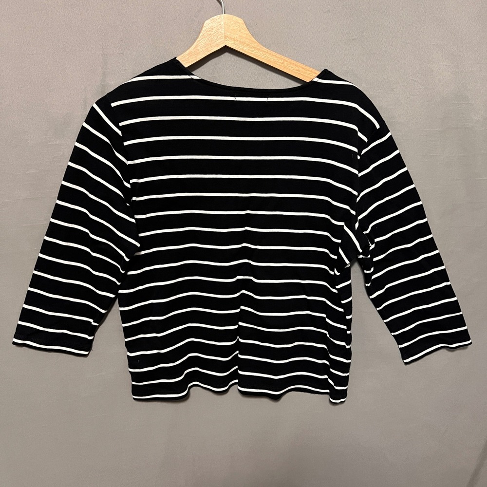 Chaps Striped Top Lace V-Neck 3/4 Sleeve Cotton Classic Tee Black White Size L - Picture 4 of 6